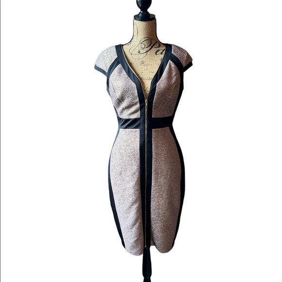 Jax Dresses & Skirts - JAX Sheath Gold/Black Bodycon Dress SZ 6 Medium Short Sleeve Full Front Zipper